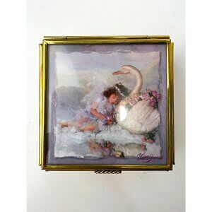 Vintage Enesco Brass Trinket Jewelry Box Swan & Maiden 3" Mirrorer Mexico